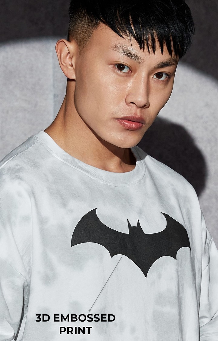 Men's Batman: Bat Signal Tie Dye White Printed Oversized T-Shirt