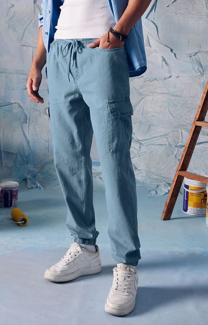 Men's  Azure Blue Cotton Solid Cargo