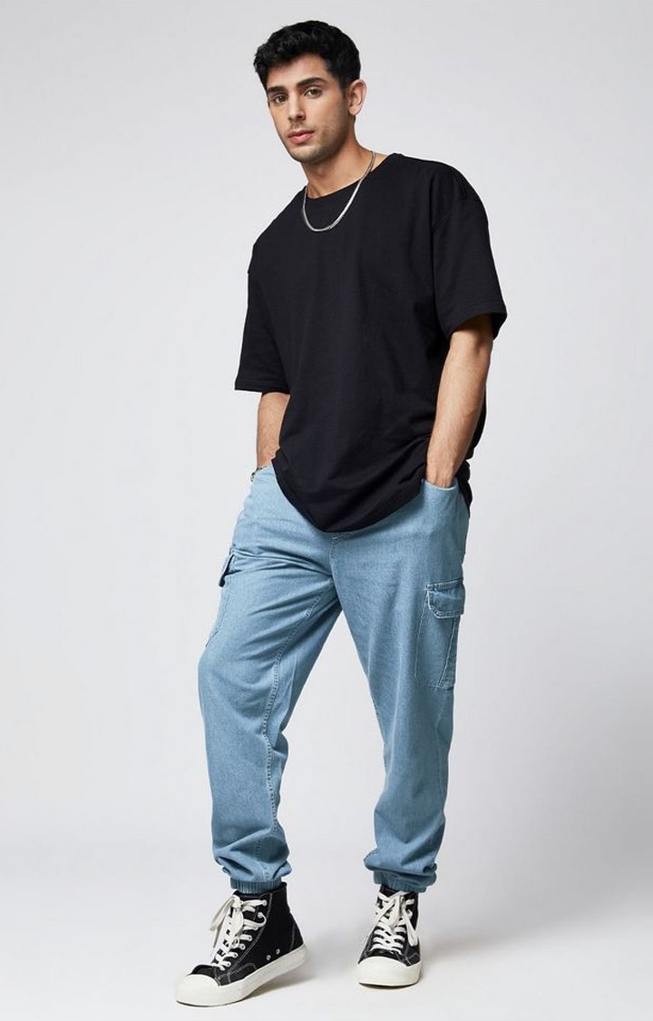 Men's  Azure Blue Cotton Solid Cargo