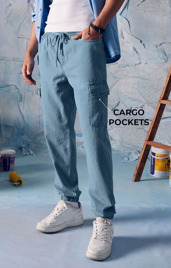 Men's  Azure Blue Cotton Solid Cargo