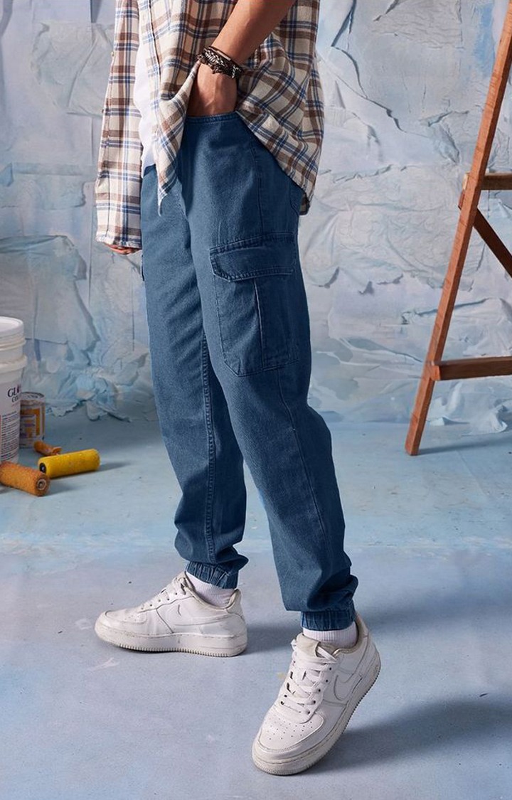 Men's  Space Blue Cotton Solid Cargo