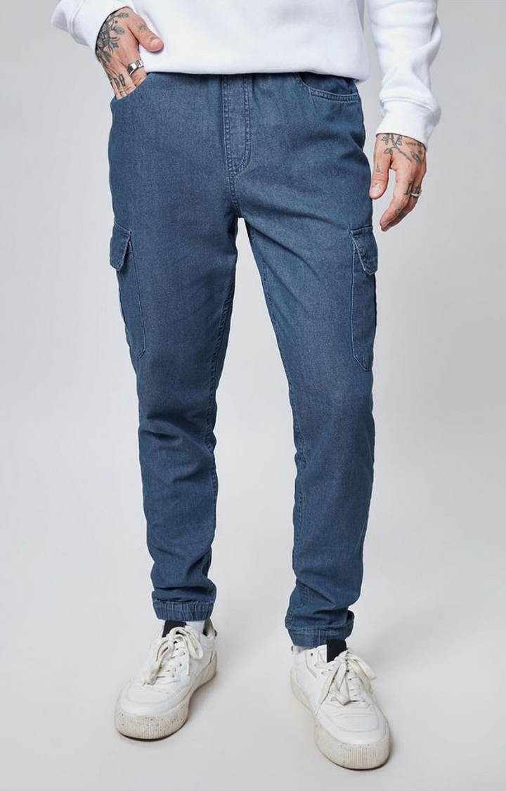 The Souled Store | Men's  Space Blue Cotton Solid Cargo