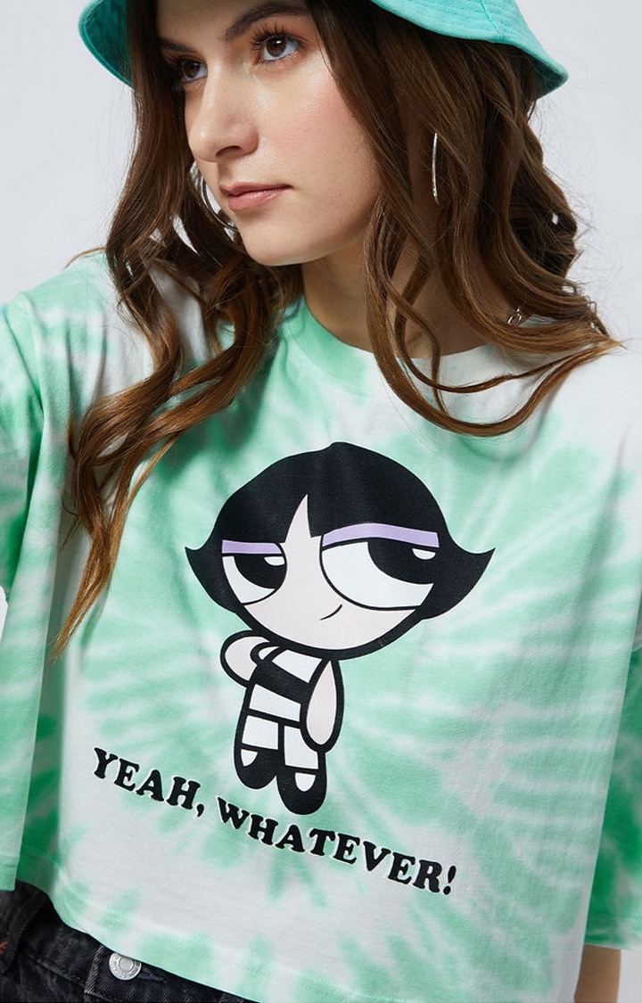 Women's Powerpuff Girls: Buttercup Yeah Whatever Green Printed Crop Top