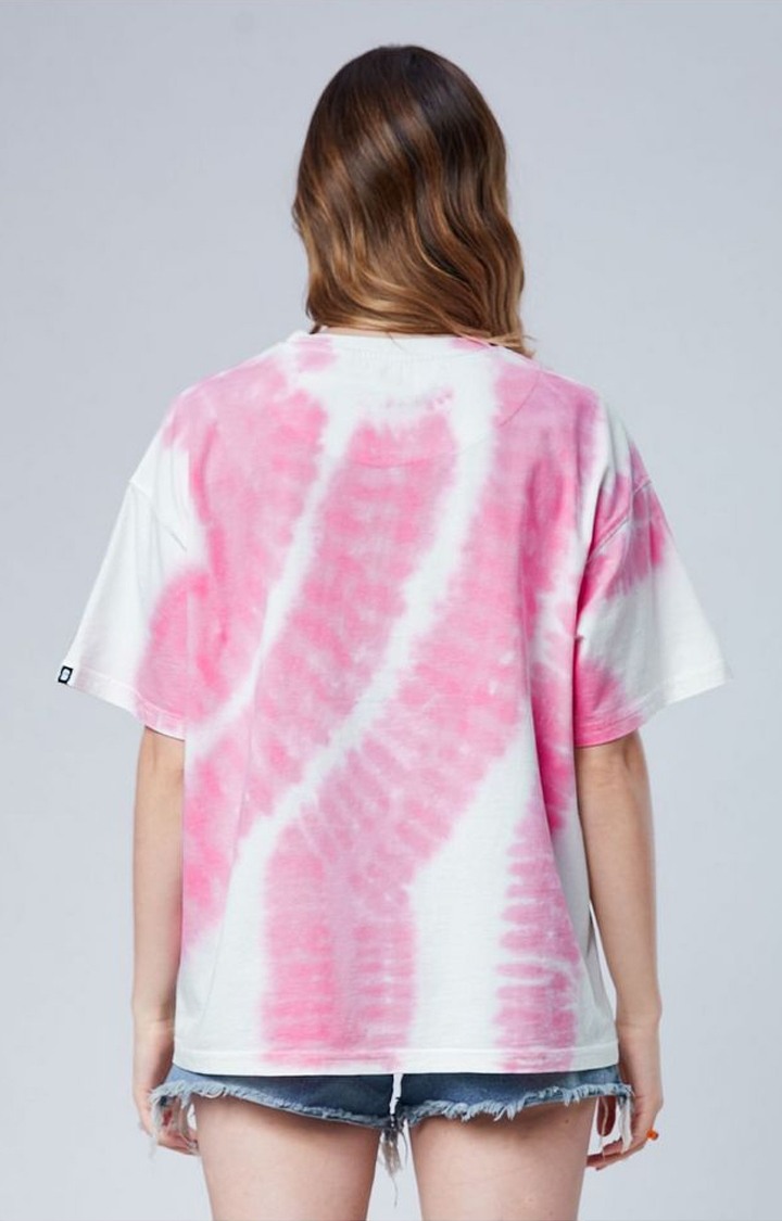 Women's Peanuts: Good Times Pink & White Tie Dye Printed Oversized T-Shirt