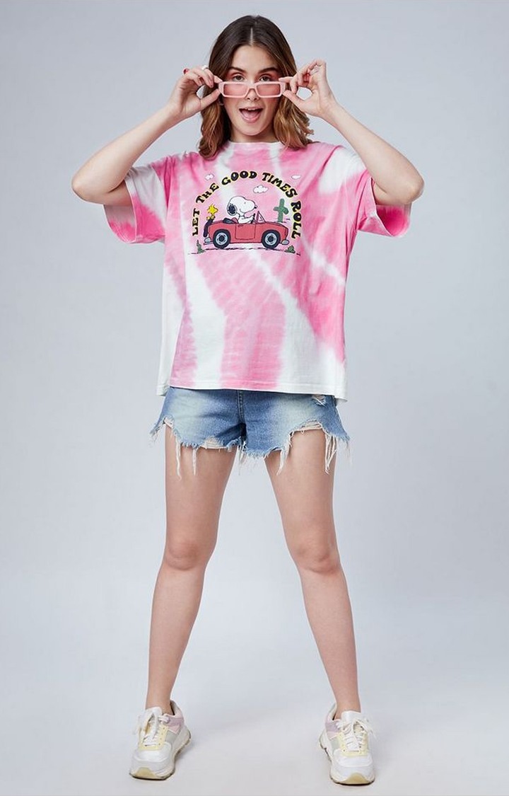 Women's Peanuts: Good Times Pink & White Tie Dye Printed Oversized T-Shirt