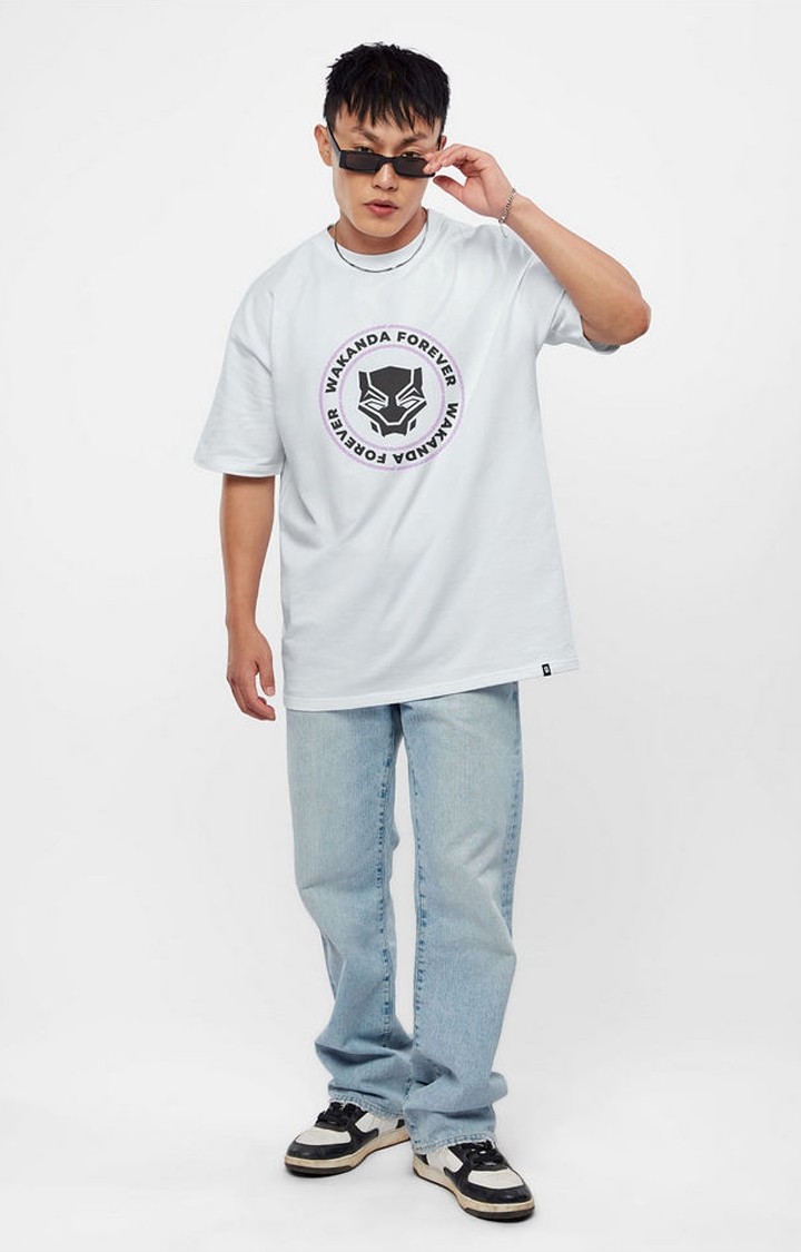 Men's Black Panther: Wakanda Forever White Printed Oversized T-Shirt