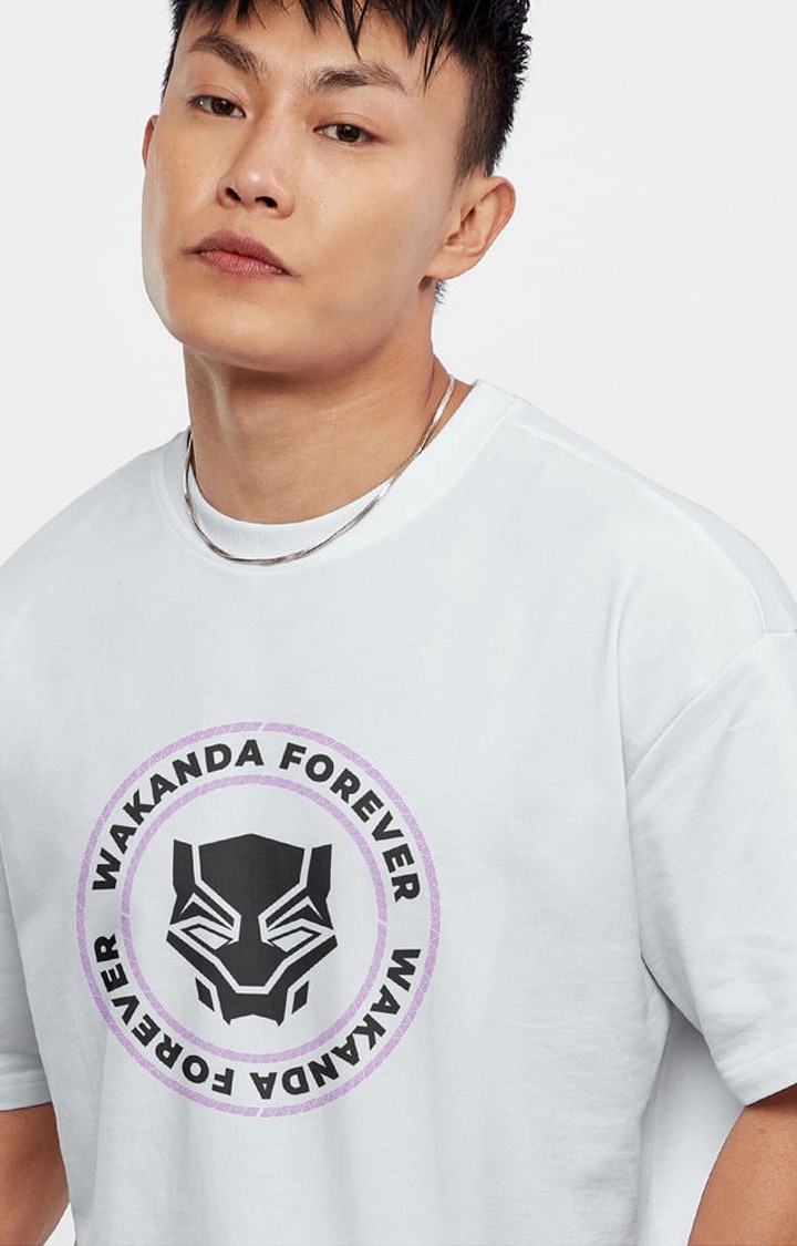 Men's Black Panther: Wakanda Forever White Printed Oversized T-Shirt