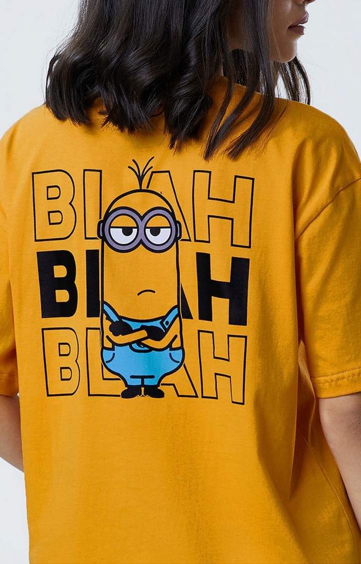 Women's Minions: Blah Blah Blah Yellow Printed Oversized T-Shirt