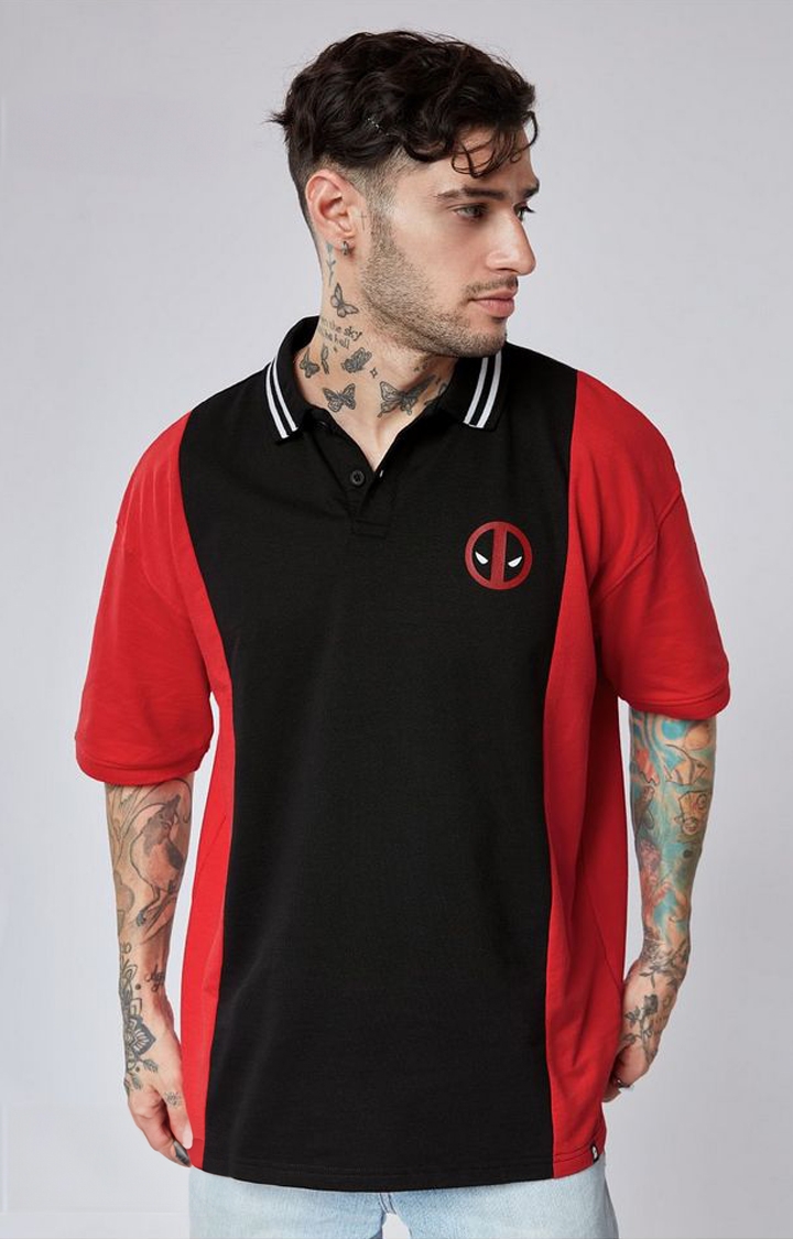 The Souled Store | Men's Deadpool: Logo Black Solid Polo T-Shirts