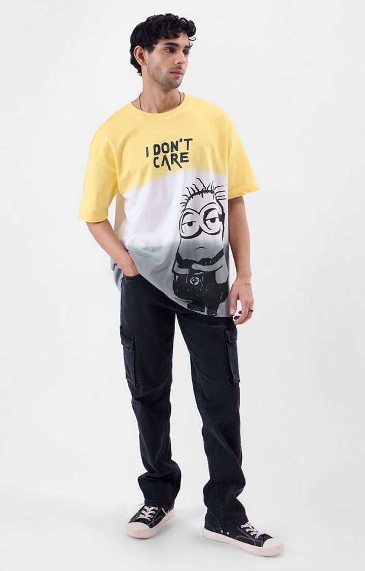 Men's Minions: I Don't Care Multicolour Printed Oversized T-Shirt