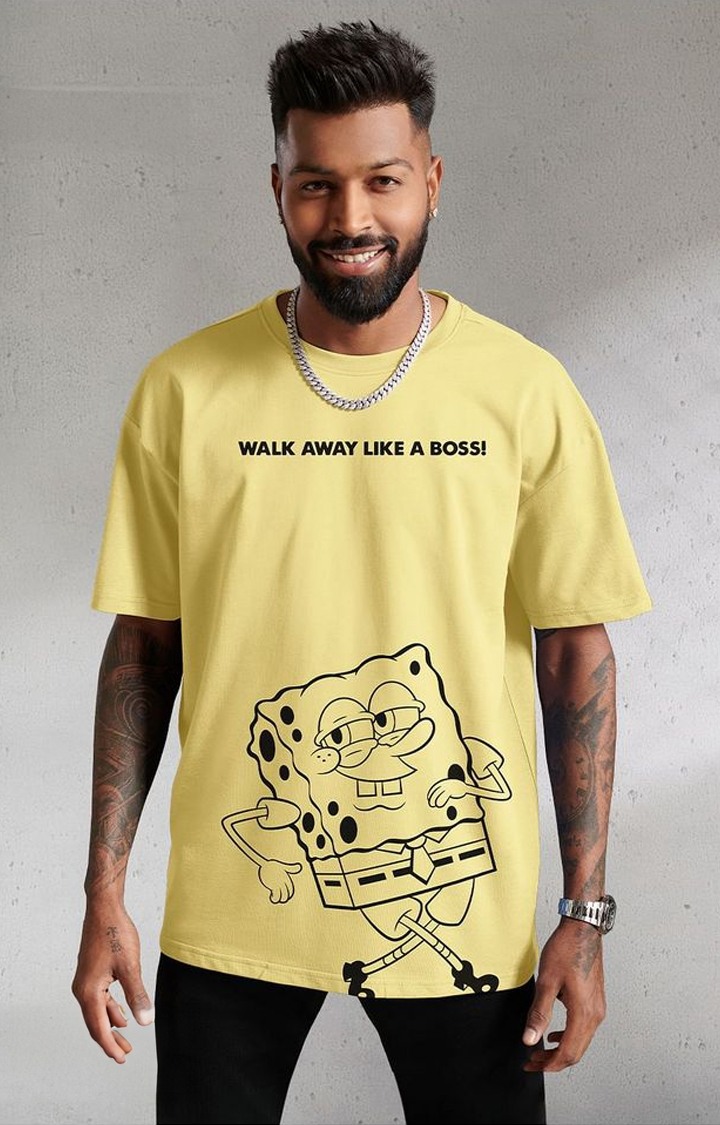 Men's SpongeBob: Like A Boss Yellow Printed Oversized T-Shirt