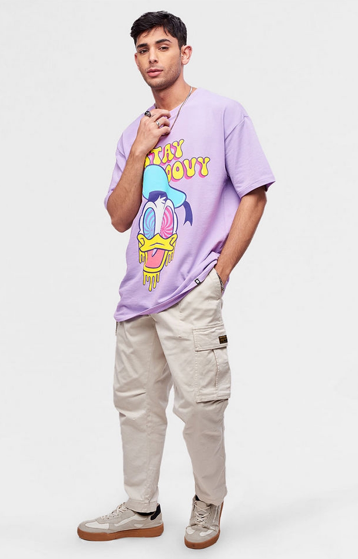 Men's Donald Duck: Stay Groovy Purple Printed Oversized T-Shirt