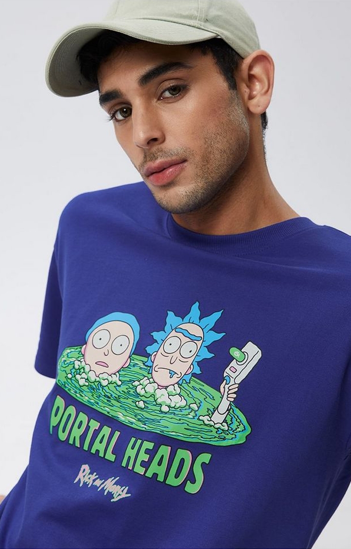 Men's Rick & Morty: Portal Heads Blue Printed Oversized T-Shirt