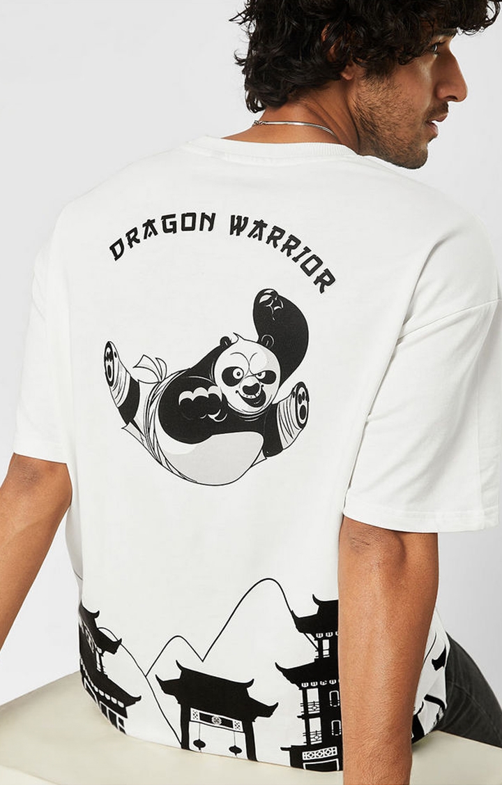 Men's Kung Fu Panda: Dragon Warrior White Printed Oversized T-Shirt