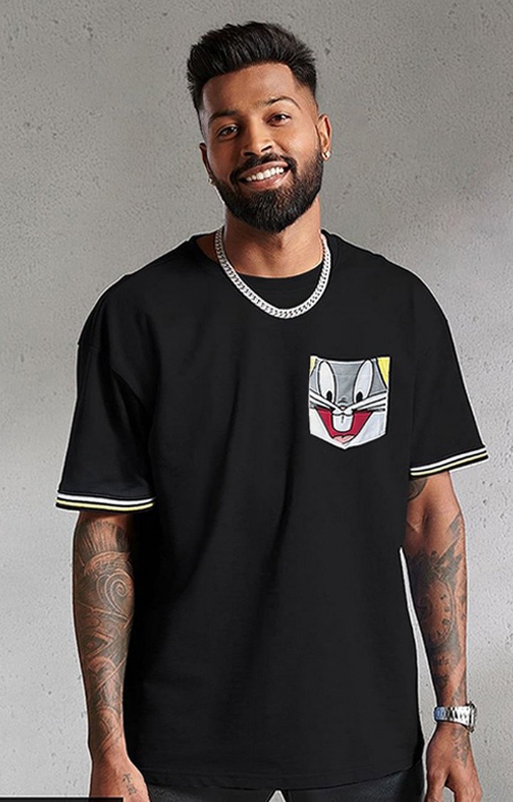 The Souled Store | Men's Looney Tunes: Bugs Bunny Black Solid Oversized T-Shirt