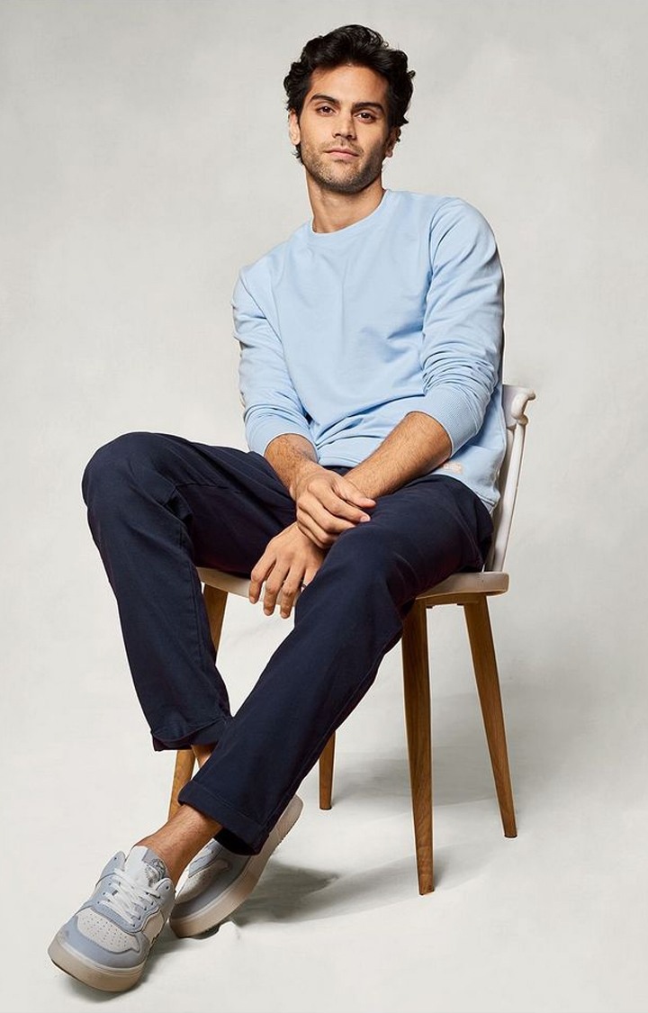 Men's  Navy Cotton Solid Casual Pant