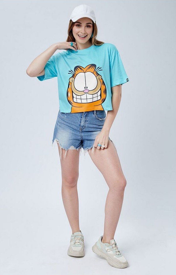 Women's Garfield: Garfield Face Blue Printed Crop Top