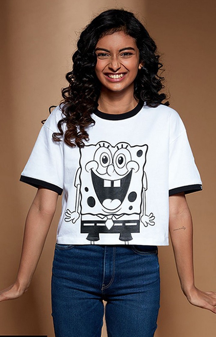 The Souled Store | Women's SpongeBob: Happiness White Printed Crop Top