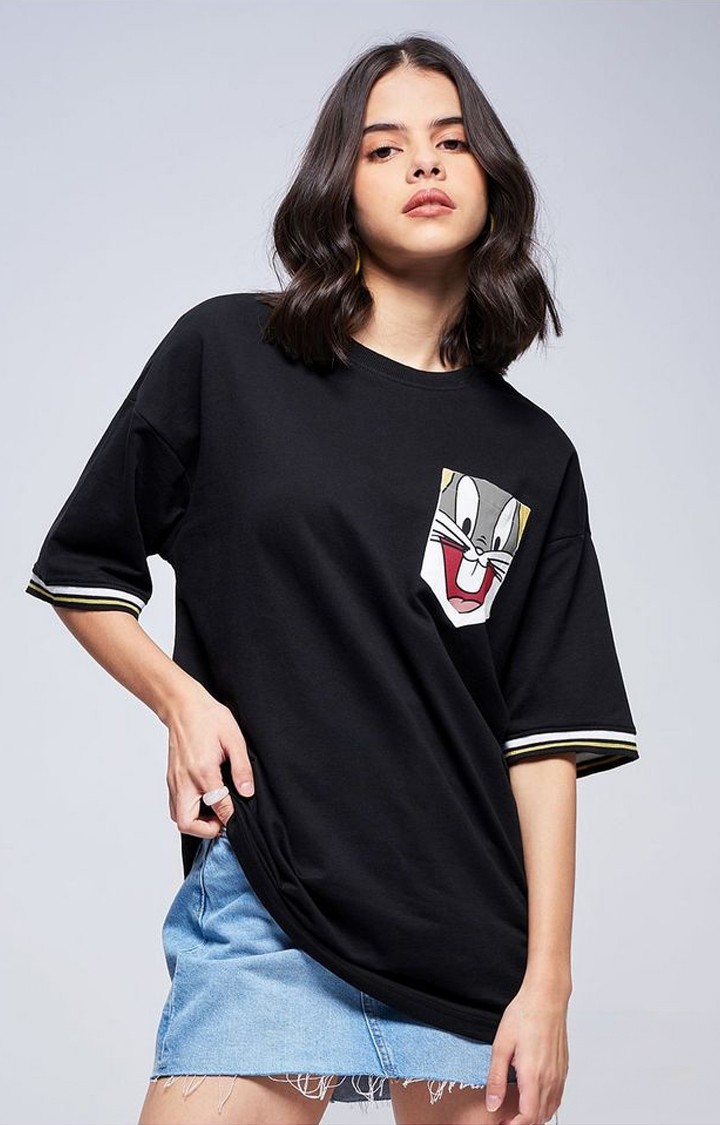 Women's Looney Tunes: Bugs Bunny Black Solid Oversized T-Shirt