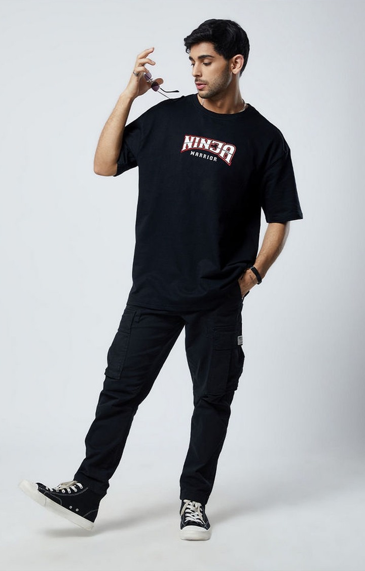 Men's Ninja Warrior Black Printed Oversized T-Shirt