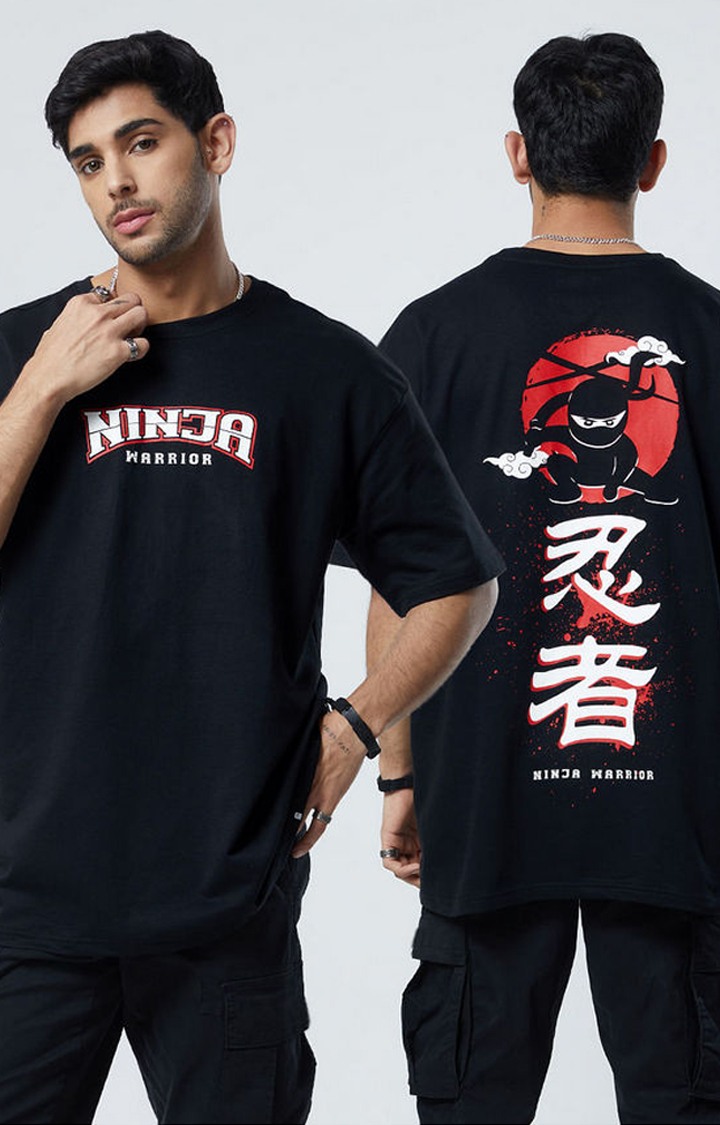 Men s Ninja Warrior Black Printed Oversized T Shirt