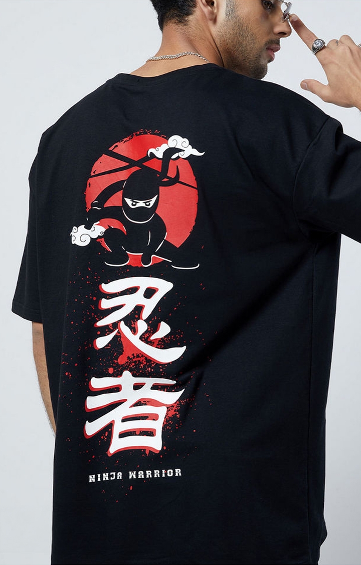 Men's Ninja Warrior Black Printed Oversized T-Shirt