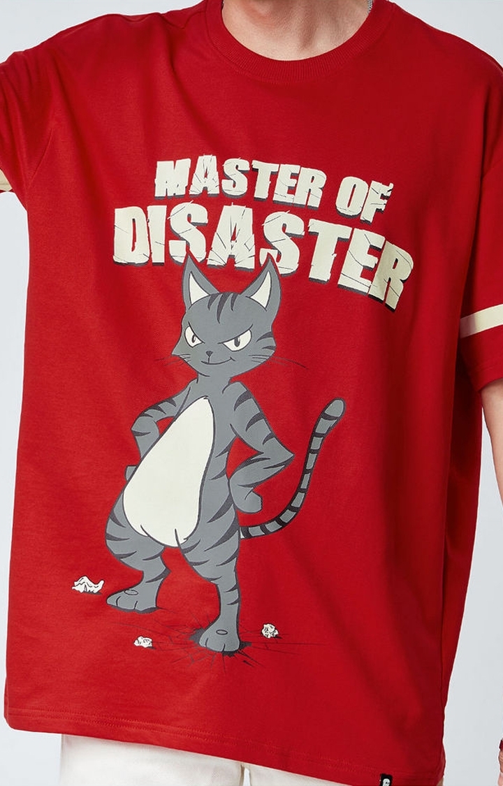 Men's Master Of Disaster Red Printed Oversized T-Shirt
