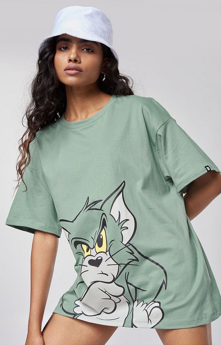 Women's Tom & Jerry: Go Green Green Printed Oversized T-Shirt