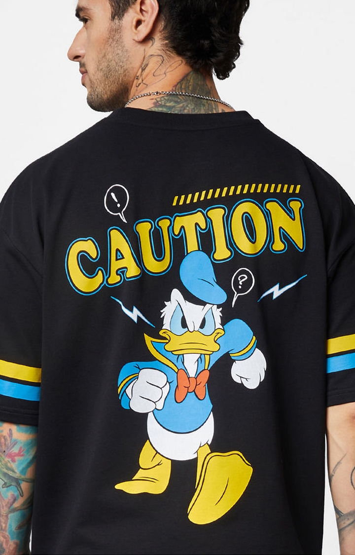 Men's Donald Duck: Caution Black Printed Oversized T-Shirt