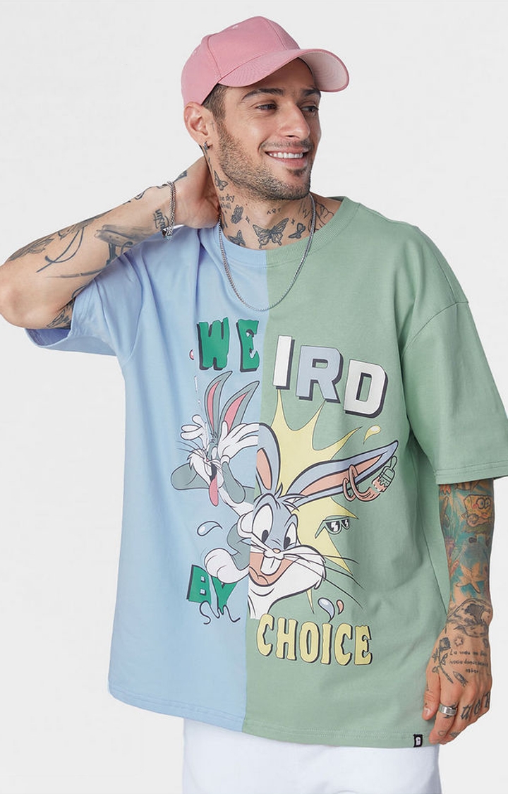 Men's Looney Tunes: Weird and Proud Blue & Green Printed Oversized T-Shirt