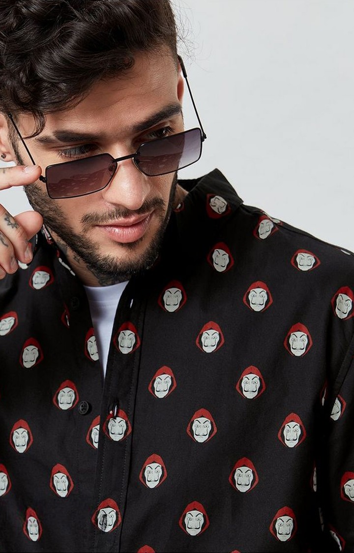 Men's Money Heist Black Printed Casual Shirt
