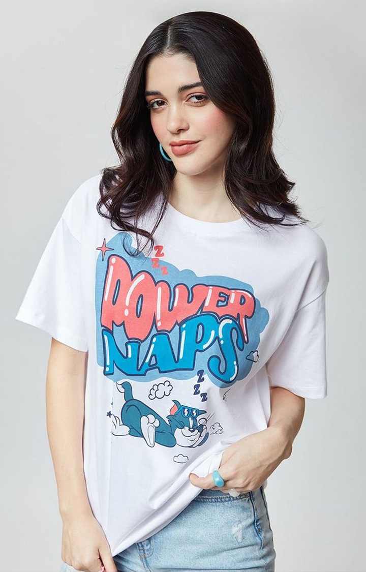 Women's Tom & Jerry: Power Nap White Printed Oversized T-Shirt