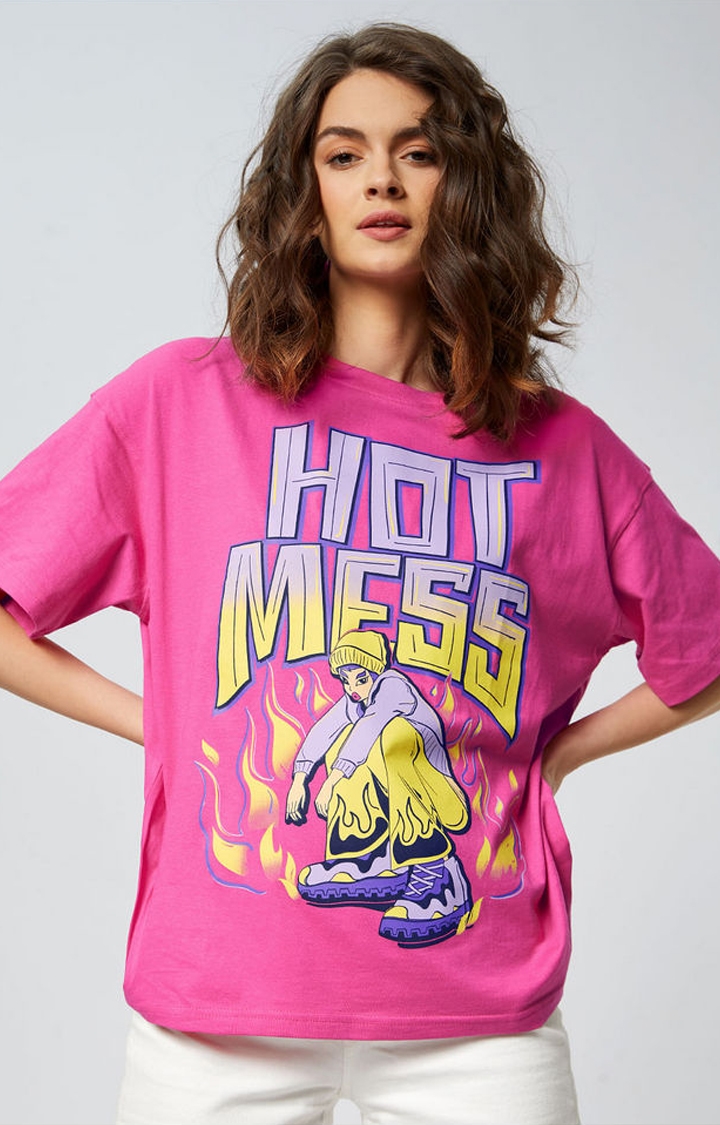 The Souled Store | Women's TSS Originals: Hot Mess Pink Printed Oversized T-Shirt