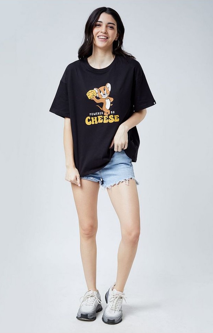 Women's Tom And Jerry: Powered By Cheese Black Printed Oversized T-Shirt