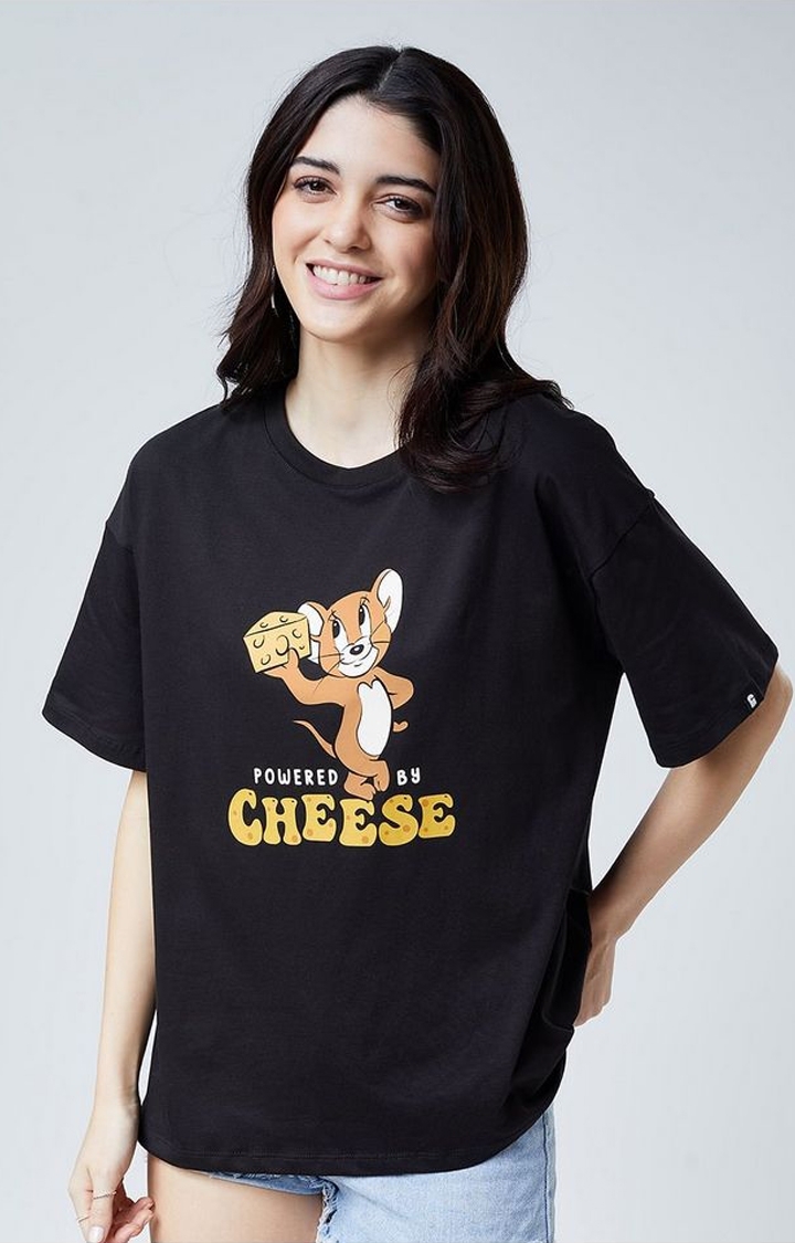 Women's Tom And Jerry: Powered By Cheese Black Printed Oversized T-Shirt