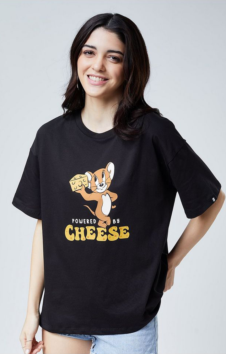 Women s Tom And Jerry Powered By Cheese Black Printed Oversized T Shirt The Souled Store