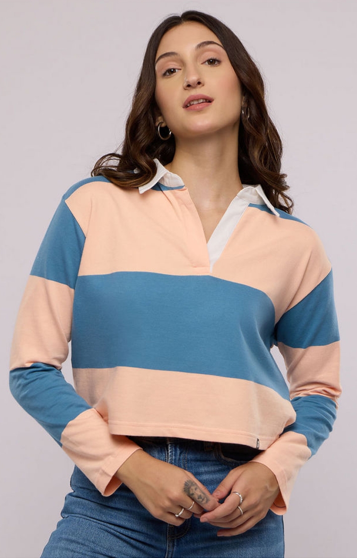 The Souled Store | Women's TSS Originals: Dawn Blue & Peach Striped Crop T-Shirt