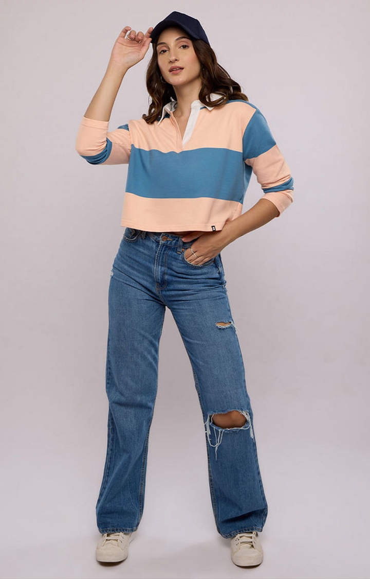 Women's TSS Originals: Dawn Blue & Peach Striped Crop T-Shirt