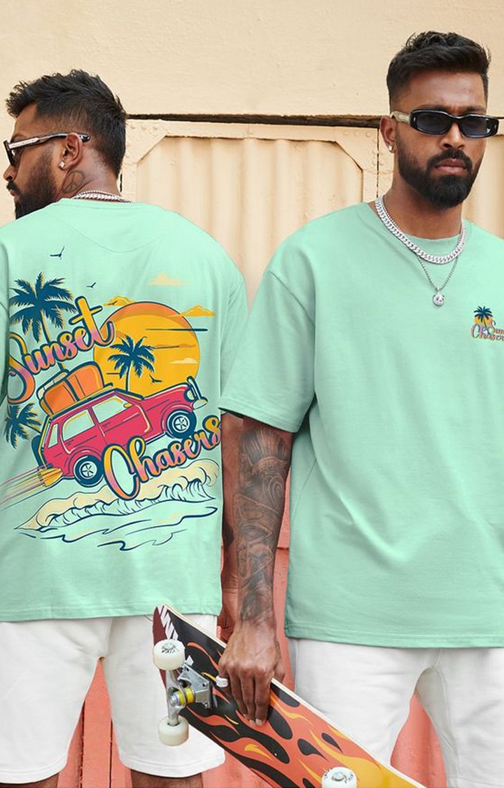 The Souled Store | Men's TSS Originals: Sunset Chasers Green Graphic Printed Oversized T-Shirt
