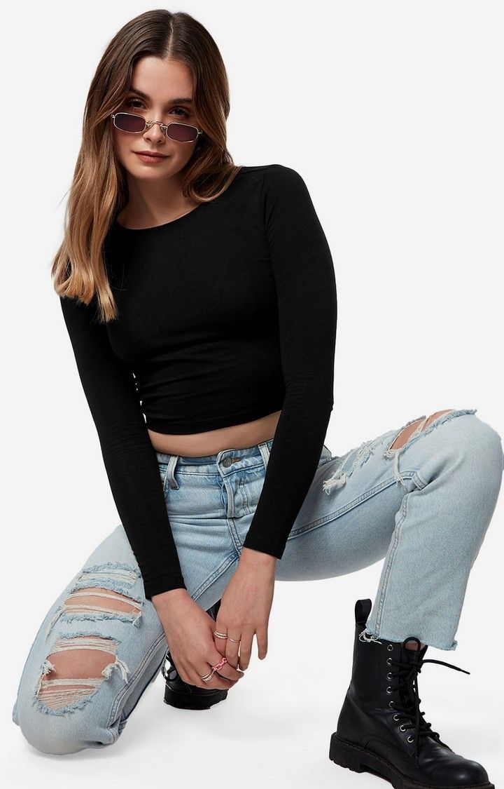 Women's Solids: Black (Cropped Fit) Women's Cropped Tops