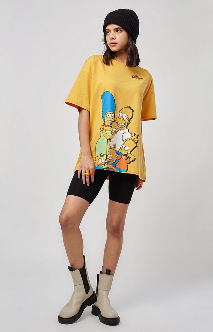 Women's The Simpsons: Family Yellow Printed Oversized T-Shirt