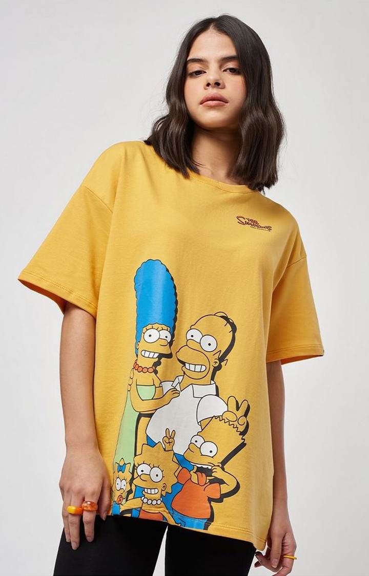 Women's The Simpsons: Family Yellow Printed Oversized T-Shirt