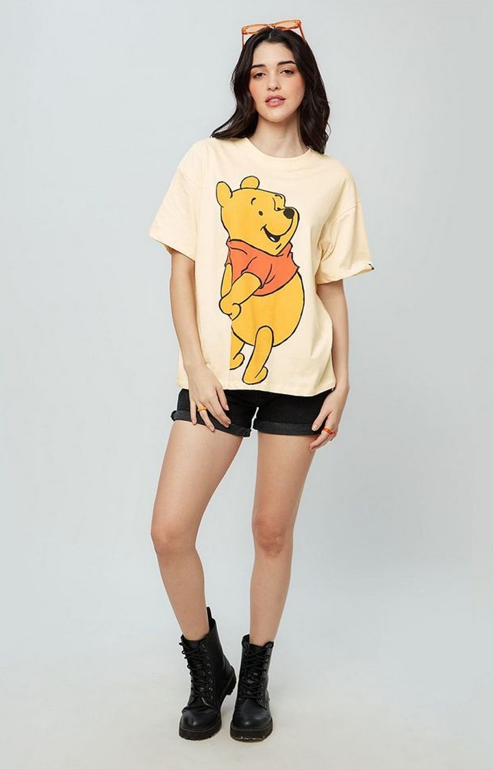 Women's Disney: Winnie The Pooh Yellow Printed Oversized T-Shirt