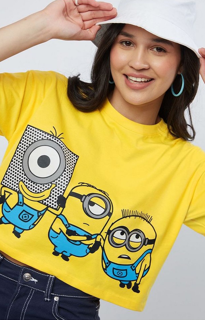 Women's Minions: Stay Weird, Stay Happy Yellow Printed Crop Top