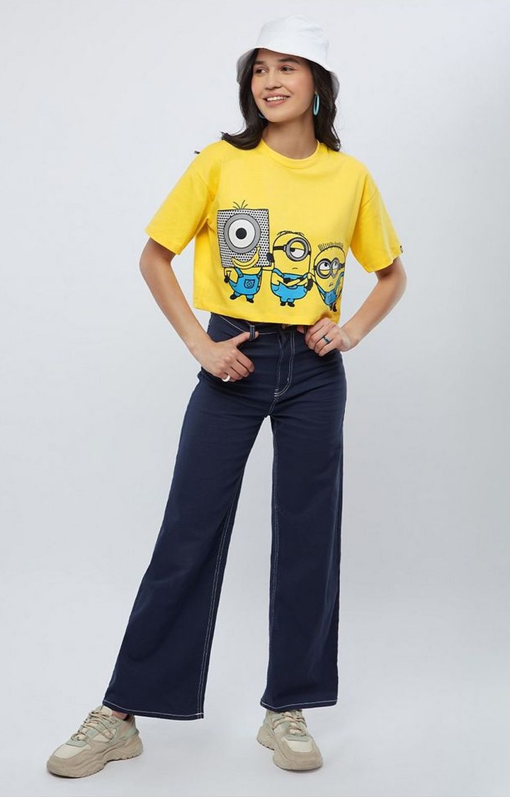 Women's Minions: Stay Weird, Stay Happy Yellow Printed Crop Top