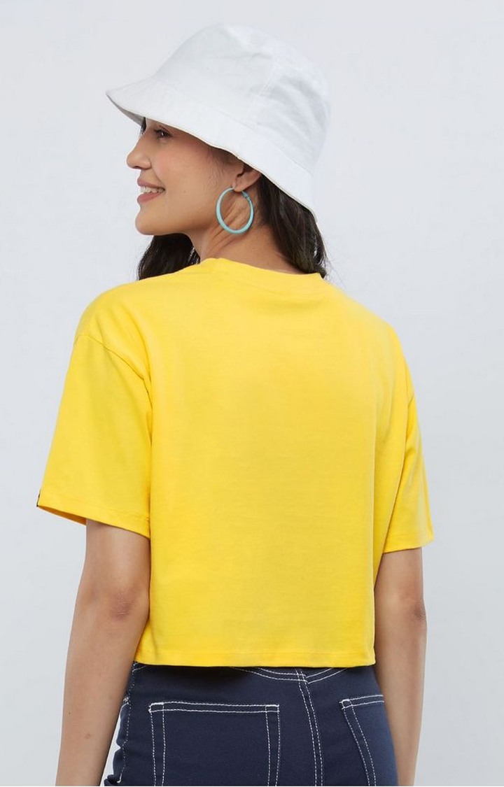 Women's Minions: Stay Weird, Stay Happy Yellow Printed Crop Top