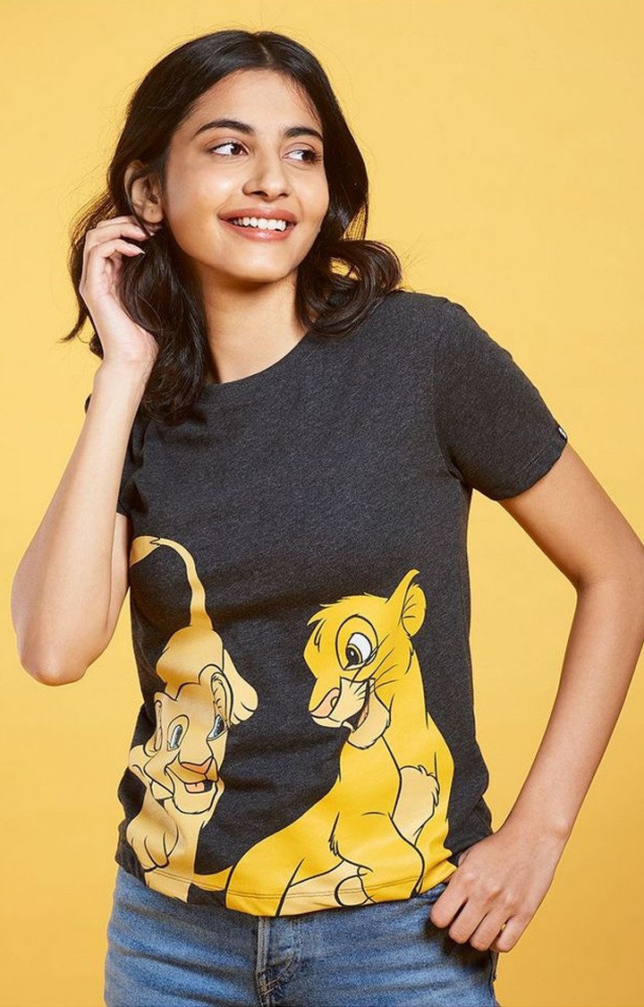 Women's The Lion King: Simba's Love Grey Graphic Printed Regular T-Shirt
