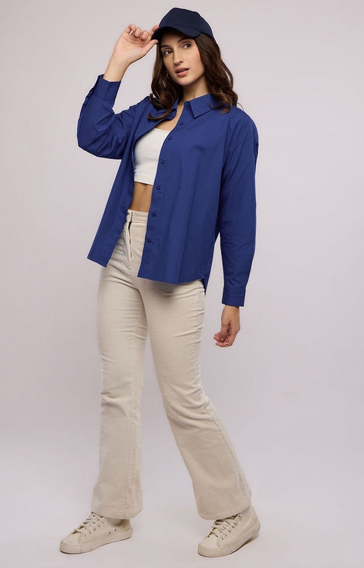 Women's Blue Solid Oversized Shirt