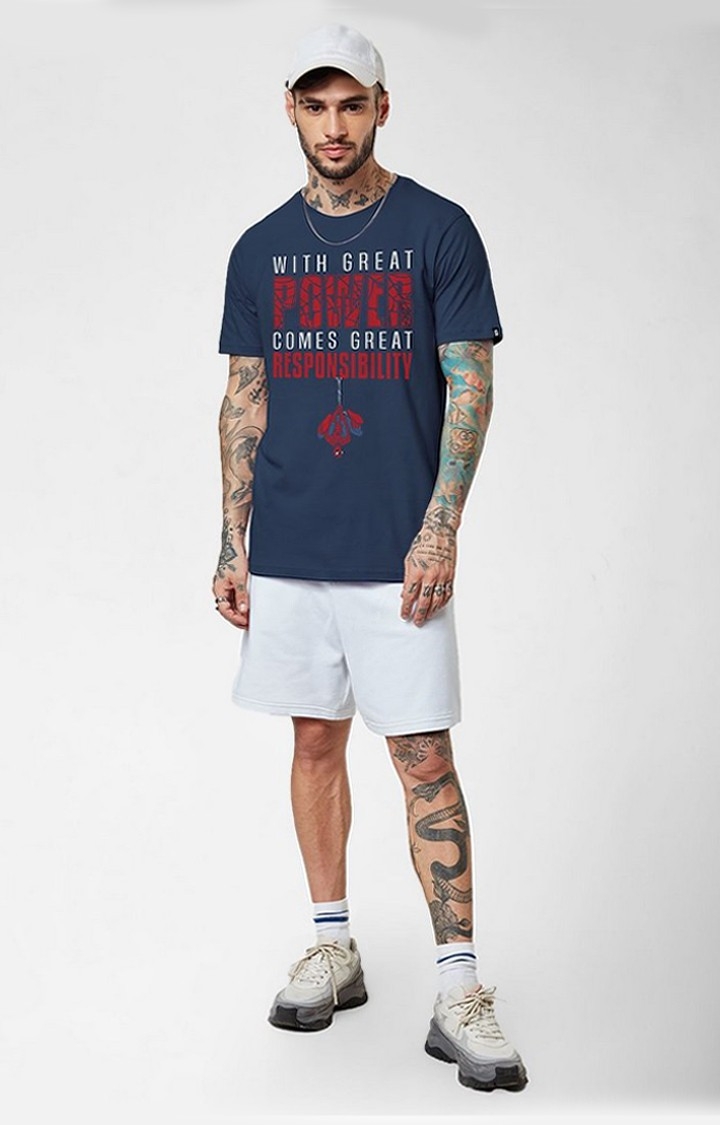 Men's Spider-Man Blue Typographic Printed Regular T-Shirt