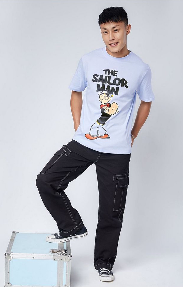 Men's Popeye: The Sailor Man Blue Printed Oversized T-Shirt